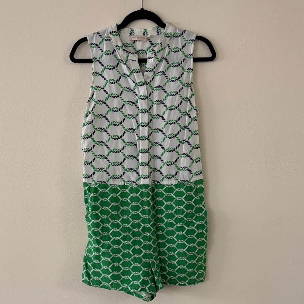 Tory Burch Green and White Patterned Sleeveless Romper - Belt Missing